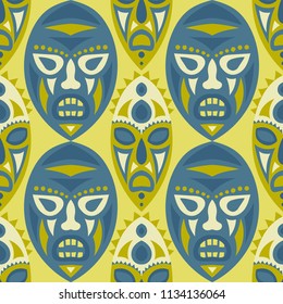 Vector Illustration. Tribal Seamless Background with Ritual Masks for Card or Poster. Ethnic Seamless Background with Color Trible Ritual Masks for your Design. Vector Texture.