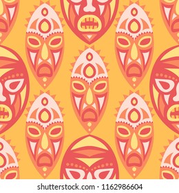 Vector Illustration. Tribal Seamless Background with Ritual Masks for Poster or Banner. Ethnic Seamless Background with Color Trible Ritual Masks for your Design. Vector Texture.