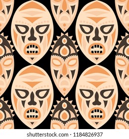 Vector Illustration. Tribal Seamless Background with Ritual Masks for Print or Card. Ethnic Seamless Pattern with Color Trible Shamanic Masks for your Design. Vector Texture.