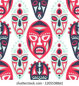 Vector Illustration. Tribal Seamless Background with Ritual Masks for Card or Poster. Ethnic Seamless Background with Color Trible Ritual Masks for your Design. Vector Texture.