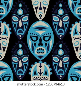 Vector Illustration. Tribal Seamless Background with Ritual Masks for Poster or Banner. Ethnic Seamless Background with Color Trible Ritual Masks for your Design. Vector Texture.