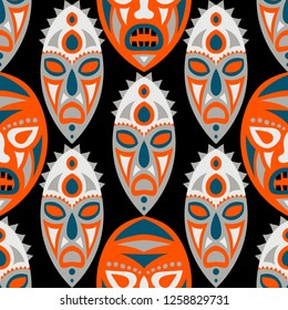 Vector Illustration. Tribal Seamless Background with Ritual Masks for Poster or Banner. Ethnic Seamless Pattern with Color Trible Shamanic Masks for your Design. Vector Texture.