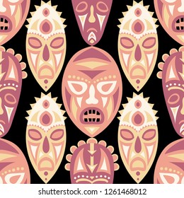 Vector Illustration. Tribal Seamless Background with Ritual Masks for Poster or Banner. Ethnic Seamless Pattern with Color Trible Shamanic Masks for your Design. Vector Texture.