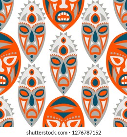 Vector Illustration. Tribal Seamless Background with Ritual Masks for Card or Poster. Ethnic Seamless Pattern with Color Trible Shamanic Masks for your Design. Vector Texture.