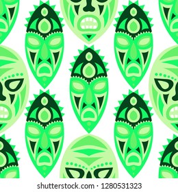 Vector Illustration. Tribal Seamless Background with Ritual Masks for Print or Card. Ethnic Seamless Background with Color Trible Ritual Masks for your Design. Vector Texture.