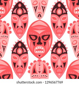 Vector Illustration. Tribal Seamless Background with Ritual Masks for Poster or Banner. Ethnic Seamless Pattern with Color Trible Shamanic Masks for your Design. Vector Texture.