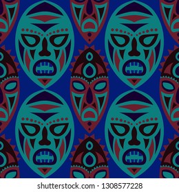 Vector Illustration. Tribal Seamless Background with Ritual Masks for Card or Poster. Ethnic Seamless Pattern with Color Trible Shamanic Masks for your Design. Vector Texture.