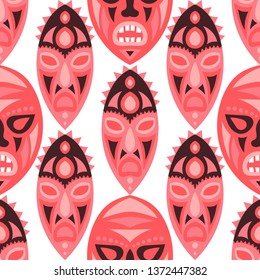 Vector Illustration. Tribal Seamless Background with Ritual Masks for Poster or Banner. Ethnic Seamless Pattern with Color Trible Shamanic Masks for your Design. Vector Texture.