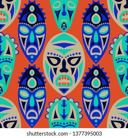 Vector Illustration. Tribal Seamless Background with Ritual Masks for Card or Poster. Ethnic Seamless Pattern with Color Trible Shamanic Masks for your Design. Vector Texture.