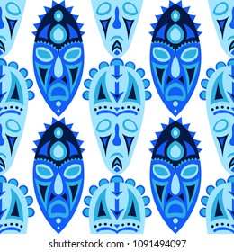 Vector Illustration. Tribal Seamless Pattern with Color Masks for Textile or Paper. Ethnic Seamless Pattern with Color Trible Shamanic Masks for your Design. Vector Texture.