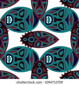 Vector Illustration. Tribal Seamless Pattern with Color Masks for Poster or Banner. Ethnic Seamless Pattern with Color Trible Shamanic Masks for your Design. Vector Texture.