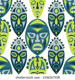Vector Illustration. Tribal Seamless Pattern with Color Masks for Print or Card. Ethnic Seamless Background with Color Trible Ritual Masks for your Design. Vector Texture.