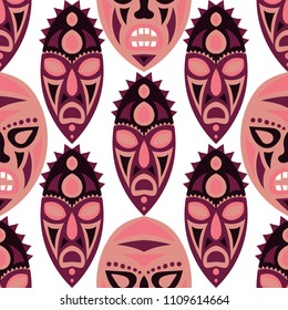 Vector Illustration. Tribal Seamless Pattern with Color Masks for Textile or Paper. Ethnic Seamless Background with Color Trible Ritual Masks for your Design. Vector Texture.