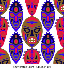 Vector Illustration. Tribal Seamless Pattern with Color Masks for Poster or Banner. Ethnic Seamless Pattern with Color Tribal Shamanic Masks for your Design. Vector Texture.
