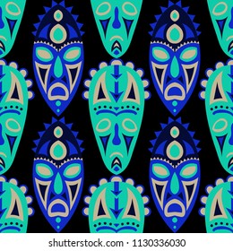 Vector Illustration. Tribal Seamless Pattern with Color Masks for Poster or Banner. Ethnic Seamless Pattern with Color Trible Shamanic Masks for your Design. Vector Texture.