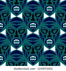 Vector Illustration. Tribal Seamless Pattern with Color Masks for Textile or Paper. Ethnic Seamless Background with Color Trible Ritual Masks for your Design. Vector Texture.