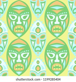 Vector Illustration. Tribal Seamless Pattern with Color Masks for Poster or Banner. Ethnic Seamless Background with Color Trible Ritual Masks for your Design. Vector Texture.
