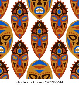 Vector Illustration. Tribal Seamless Pattern with Color Masks for Textile or Paper. Ethnic Seamless Pattern with Color Trible Shamanic Masks for your Design. Vector Texture.