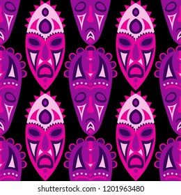 Vector Illustration. Tribal Seamless Pattern with Color Masks for Textile or Paper. Ethnic Seamless Pattern with Color Trible Shamanic Masks for your Design. Vector Texture.