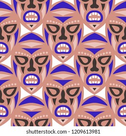 Vector Illustration. Tribal Seamless Pattern with Color Masks for Card or Poster. Ethnic Seamless Pattern with Color Trible Shamanic Masks for your Design. Vector Texture.