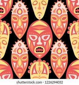 Vector Illustration. Tribal Seamless Pattern with Color Masks for Poster or Banner. Ethnic Seamless Pattern with Color Trible Shamanic Masks for your Design. Vector Texture.