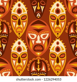 Vector Illustration. Tribal Seamless Pattern with Color Masks for Textile or Paper. Ethnic Seamless Pattern with Color Trible Shamanic Masks for your Design. Vector Texture.