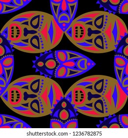 Vector Illustration. Tribal Seamless Pattern with Color Masks for Poster or Banner. Ethnic Seamless Background with Color Trible Ritual Masks for your Design. Vector Texture.