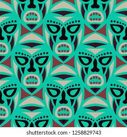 Vector Illustration. Tribal Seamless Pattern with Color Masks for Print or Card. Ethnic Seamless Pattern with Color Trible Shamanic Masks for your Design. Vector Texture.