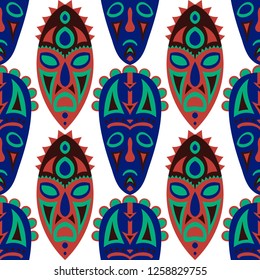 Vector Illustration. Tribal Seamless Pattern with Color Masks for Card or Poster. Ethnic Seamless Pattern with Color Trible Shamanic Masks for your Design. Vector Texture.