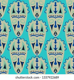 Vector Illustration. Tribal Seamless Pattern with Color Masks for Textile or Paper. Ethnic Seamless Background with Color Trible Ritual Masks for your Design. Vector Texture.