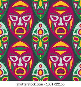 Vector Illustration. Tribal Seamless Pattern with Color Masks for Poster or Banner. Ethnic Seamless Background with Color Trible Ritual Masks for your Design. Vector Texture.