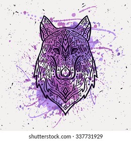 Vector illustration of tribal style wolf with ethnic ornaments and watercolor splash. American indian motifs. T-shirt print. Boho design.