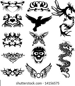 Vector illustration of tribal tattoos and silhouette