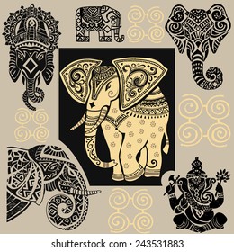 Vector illustration of a tribal totem animal - Elephant - in graphic style.elephant.Silhouette of elephant.