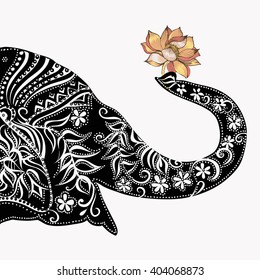 Vector illustration of a tribal totem animal - Elephant - in graphic style. 
elephant head . Silhouette of an elephant with a flower . Indian elephant