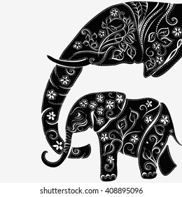 Vector illustration of a tribal totem animal - Elephant - in graphic style. elephant head . Silhouette of an elephant with a flower . Indian elephant. elephant and baby elephant