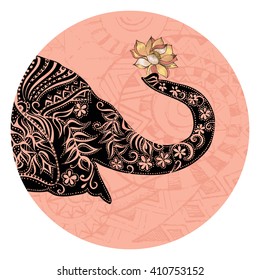 Vector illustration of a tribal totem animal - Elephant - in graphic style. elephant head . Silhouette of an elephant with a flower . Indian elephant