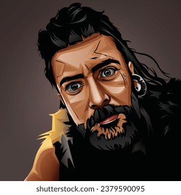 Vector illustration tribe man looking front and angry eyes with brown background.