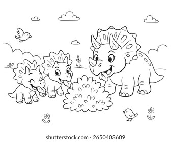 Vector illustration of a Triceratops dinosaur family a large adult and two babies happily eating leafy bush. Simple outdoor scene with clouds and birds, perfect for children's coloring books