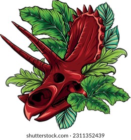 vector illustration of Triceratops dinosaur skull fossil with leaves