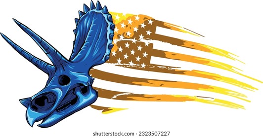 vector illustration of Triceratops dinosaur skull fossil with american flag