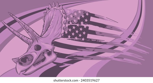 vector illustration of Triceratops dinosaur skull fossil with american flag