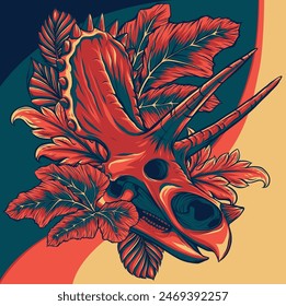 Ilustración vectorial de fósil de cráneo de dinosaurio Triceratops con hojas