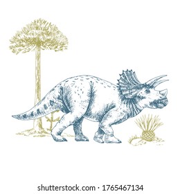 Vector illustration of a Triceratops dinosaur and tree. Graphic sketch