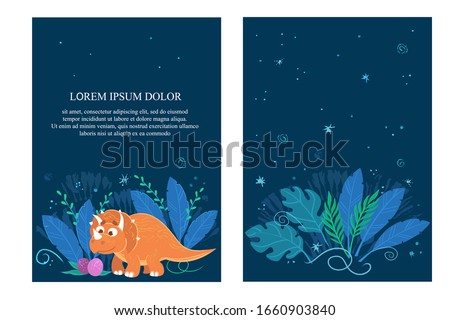 Vector illustration of  Triceratops and its eags, decorated with plants and tendrils.