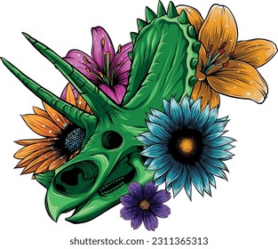 vector illustration of triceratops skull with flower
