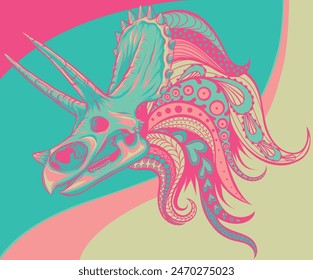 vector illustration of Triceratops skull with mandala ornaments