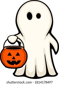 Vector illustration of a trick-or-treating cartoon ghost holding an orange, jack-o'-lantern candy bucket.