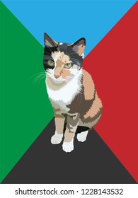 Vector illustration of tricolor cat with white mustache and multi-colored background. In the illustration, the cat is in a sitting position, with white paws and multi-colored muzzle. Domestic cat.
