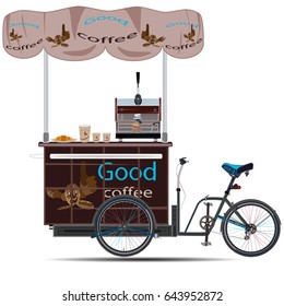 Vector illustration of tricycles coffee bike isolated on white background. Mobile coffee bike business template in flat style. svg